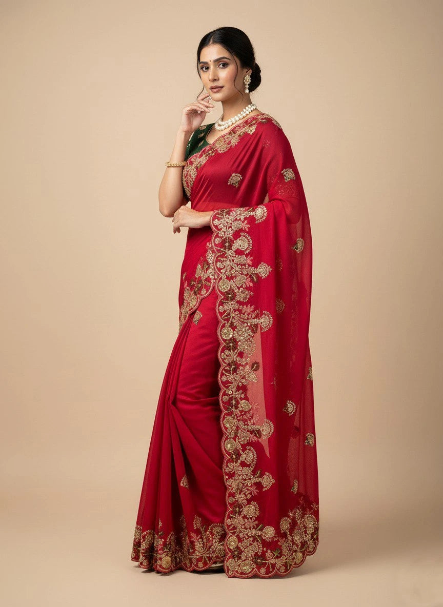 Red Embroidery Work Soft Fendy Chiffon Saree – Kalyanja